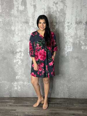 Magenta Floral Dress with Charcoal Background - (Small - 3X)