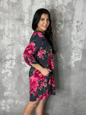 Magenta Floral Dress with Charcoal Background - (Small - 3X)