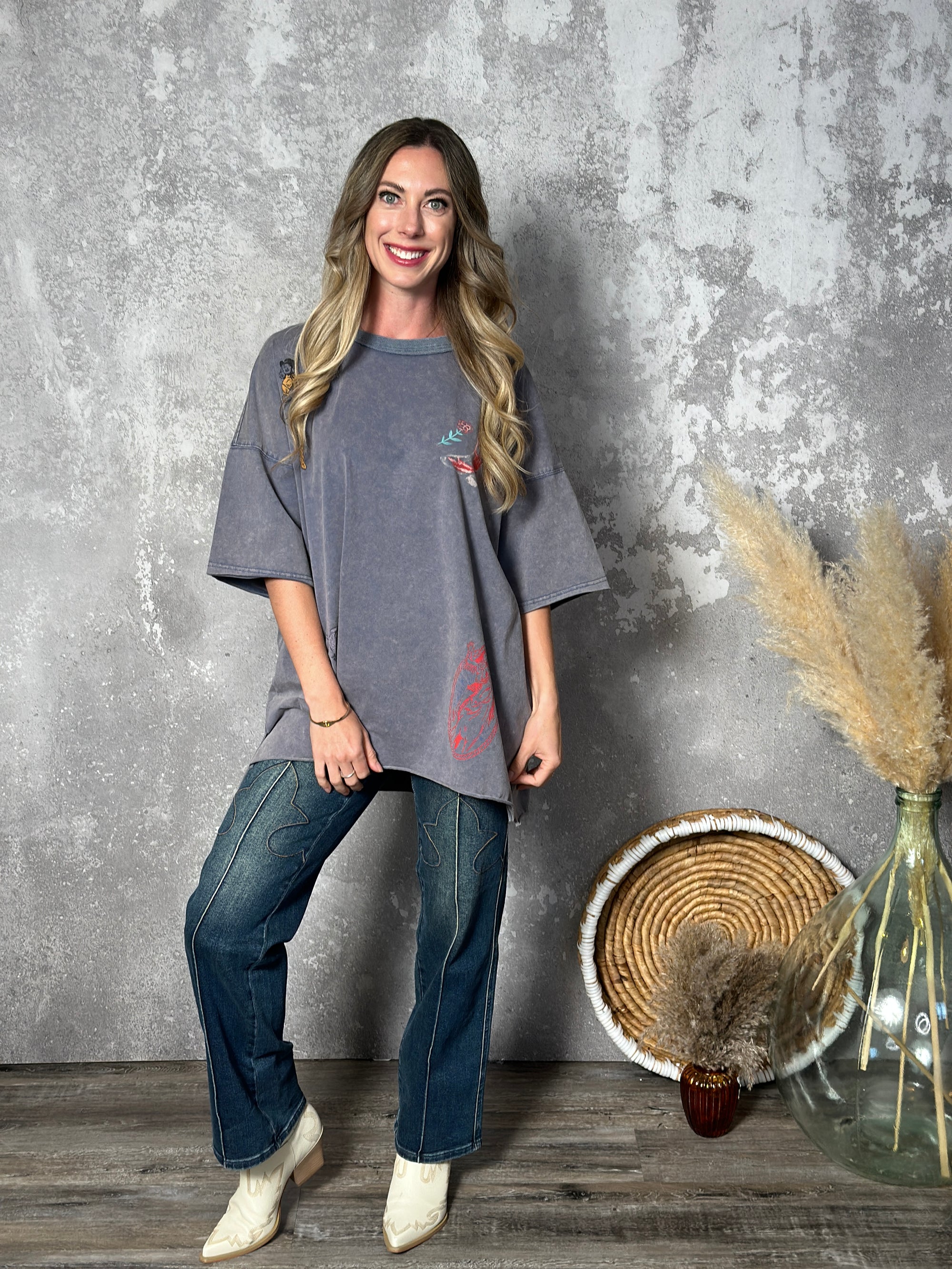 Mineral Wash Blue Oversized Western Tee