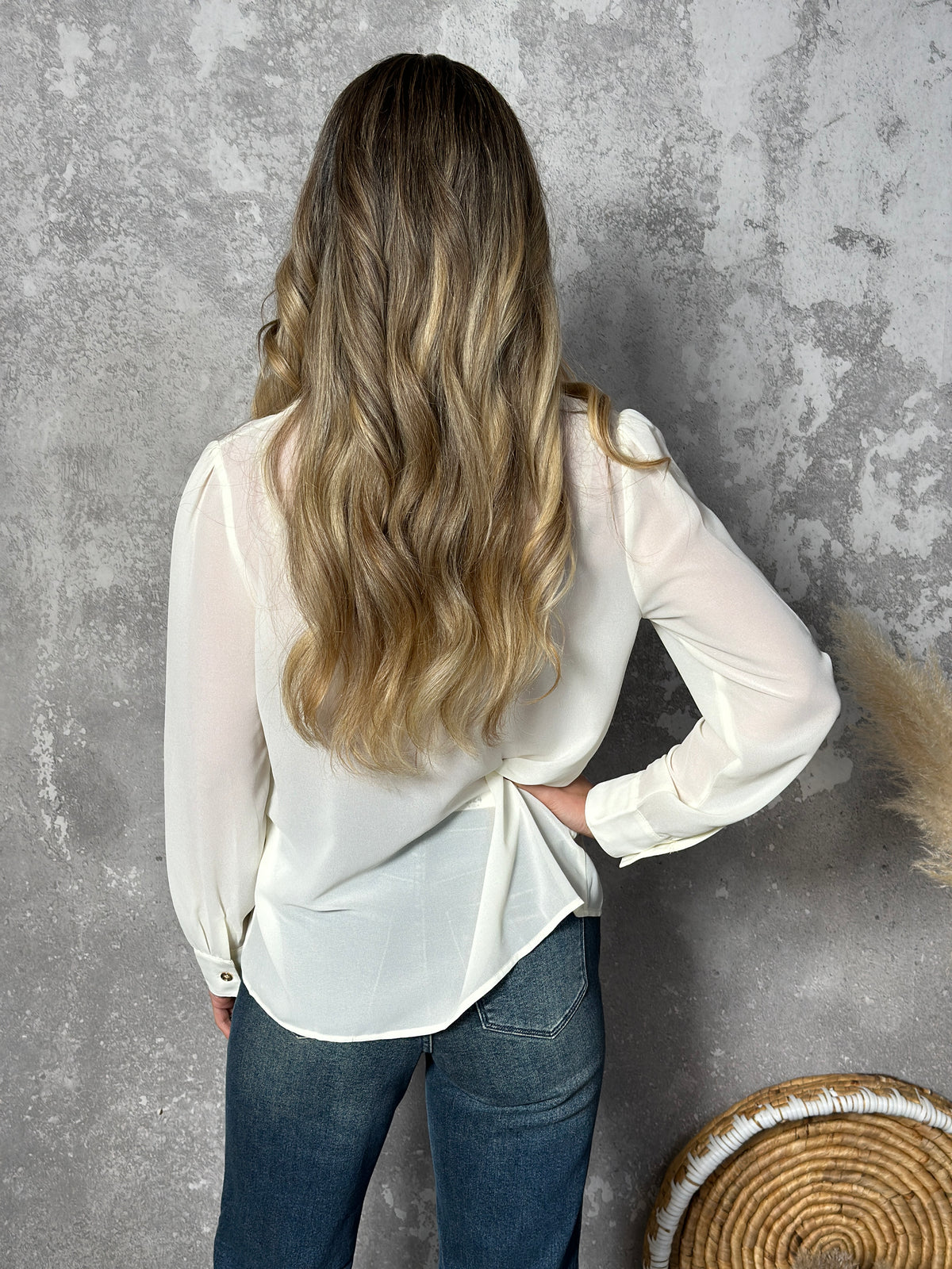 Ruffle Front Ivory Blouse with Pearl Snaps