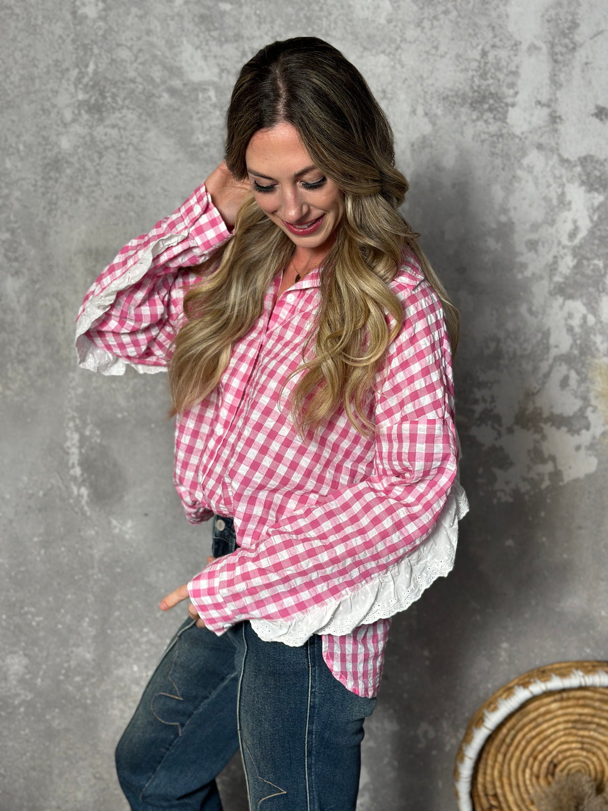 Pink Gingham Long Sleeve with Lace Detail