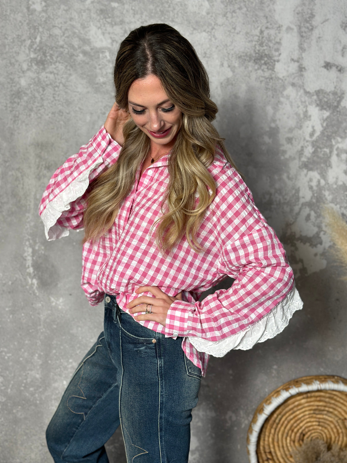 Pink Gingham Long Sleeve with Lace Detail
