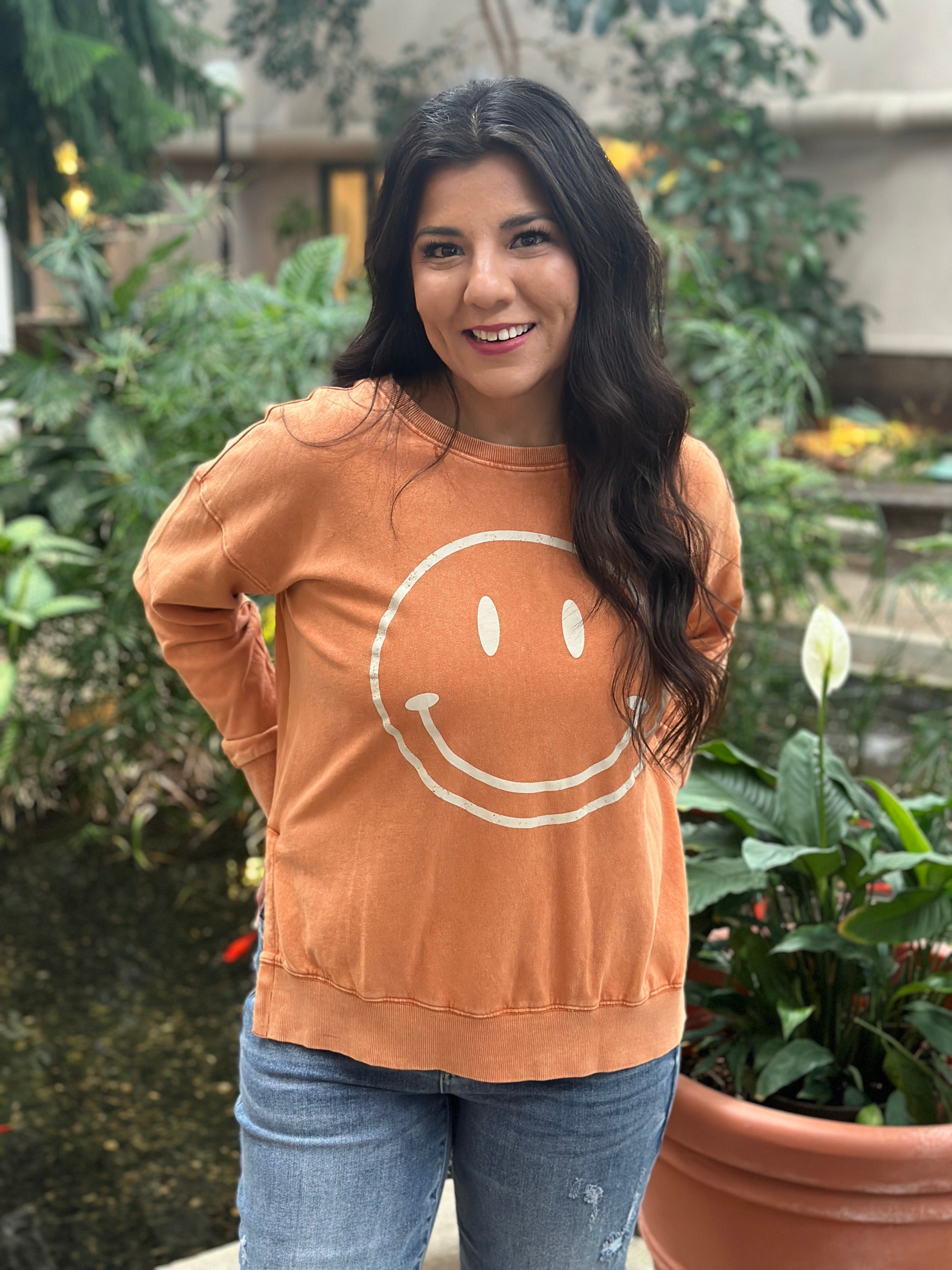 Distressed Happy Sweatshirt - Apricot (Small - 3X)