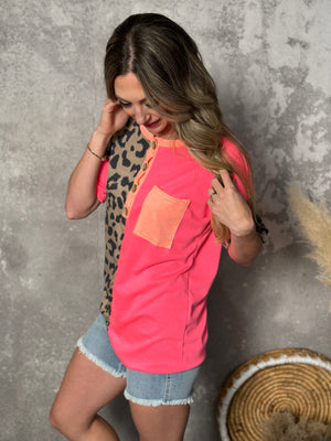 Leopard Block Button Tee - Neon Pink/Orange  (Small - 3X)