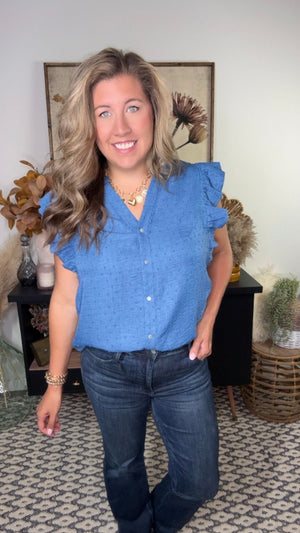 Blue Swiss Dot Ruffle Top (Small - 2X)