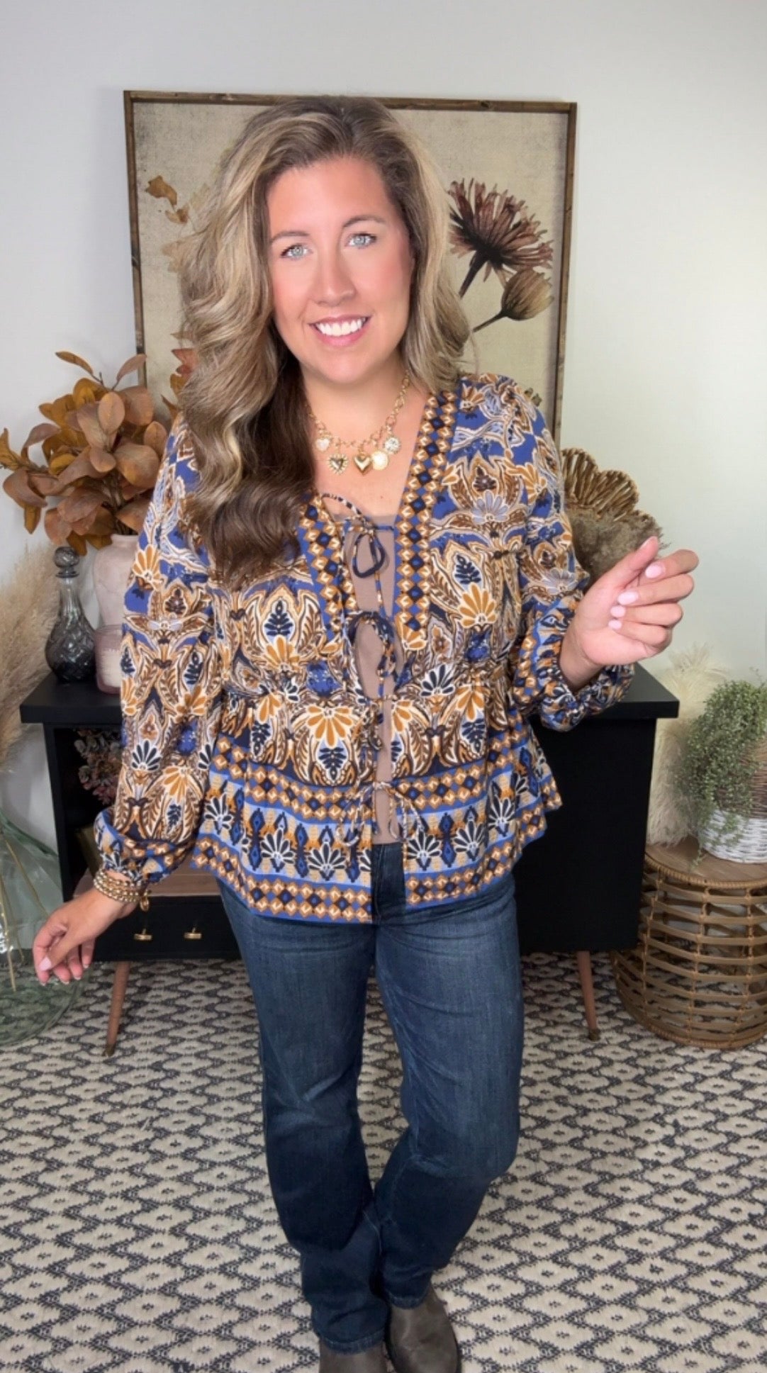 Blue/Brown/Mustard Patterned Top/Kimono (Small - 3X)