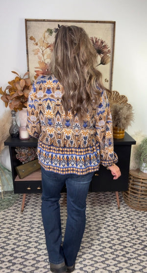 Blue/Brown/Mustard Patterned Top/Kimono (Small - 3X)