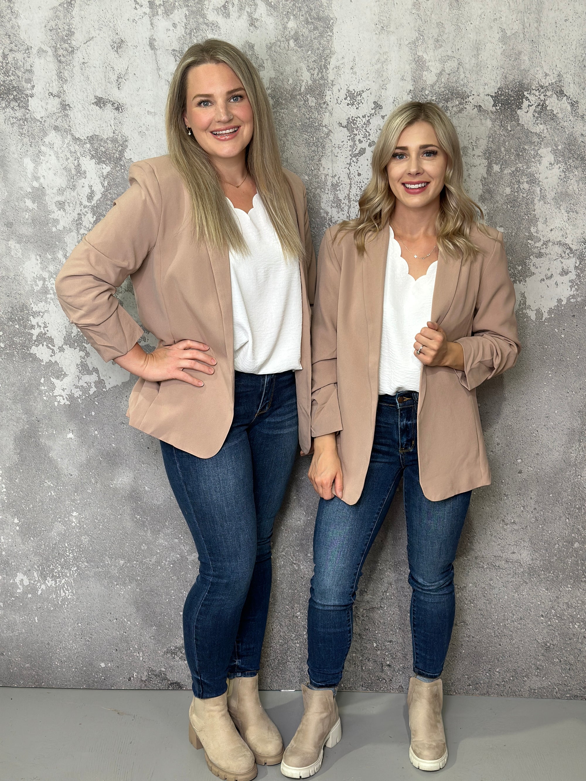 Taupe Blazer with Ruched Sleeves