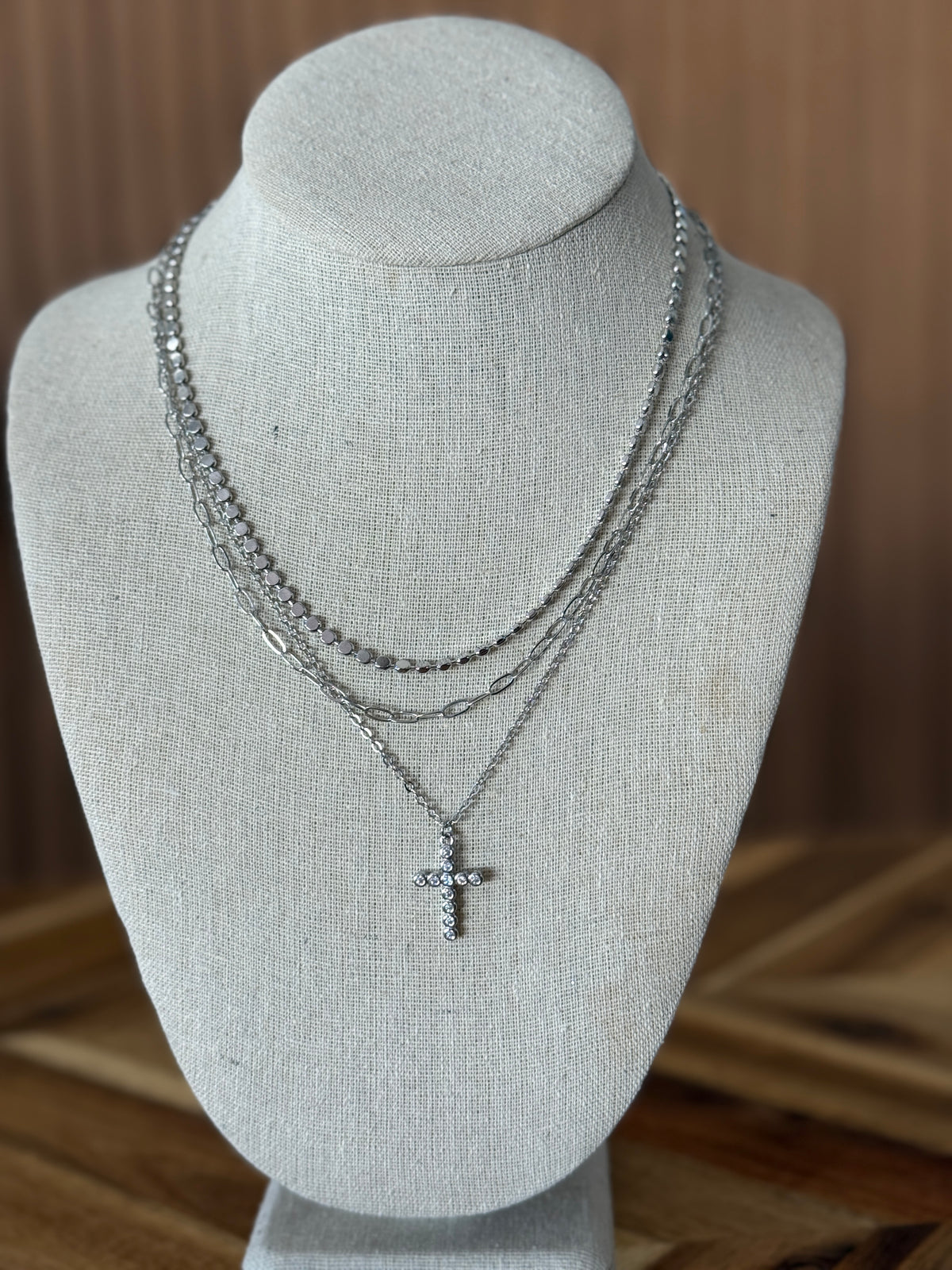 Silver Three Layer Cross Necklace