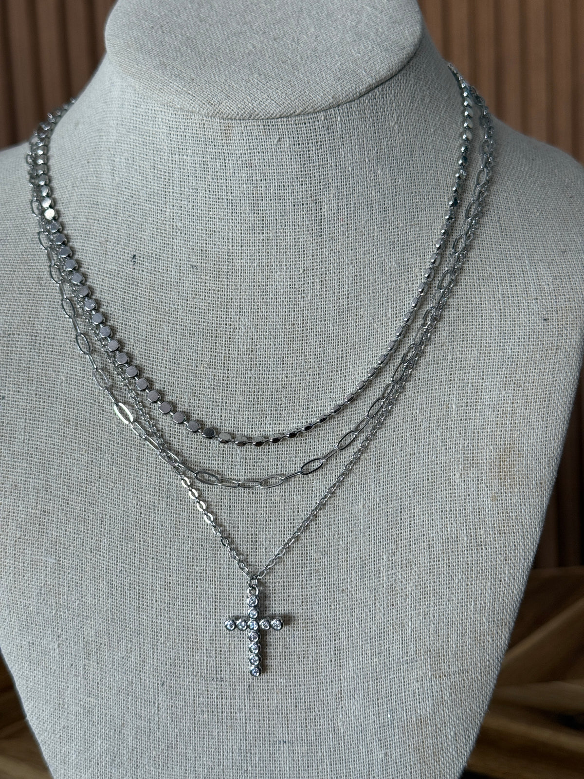 Silver Three Layer Cross Necklace