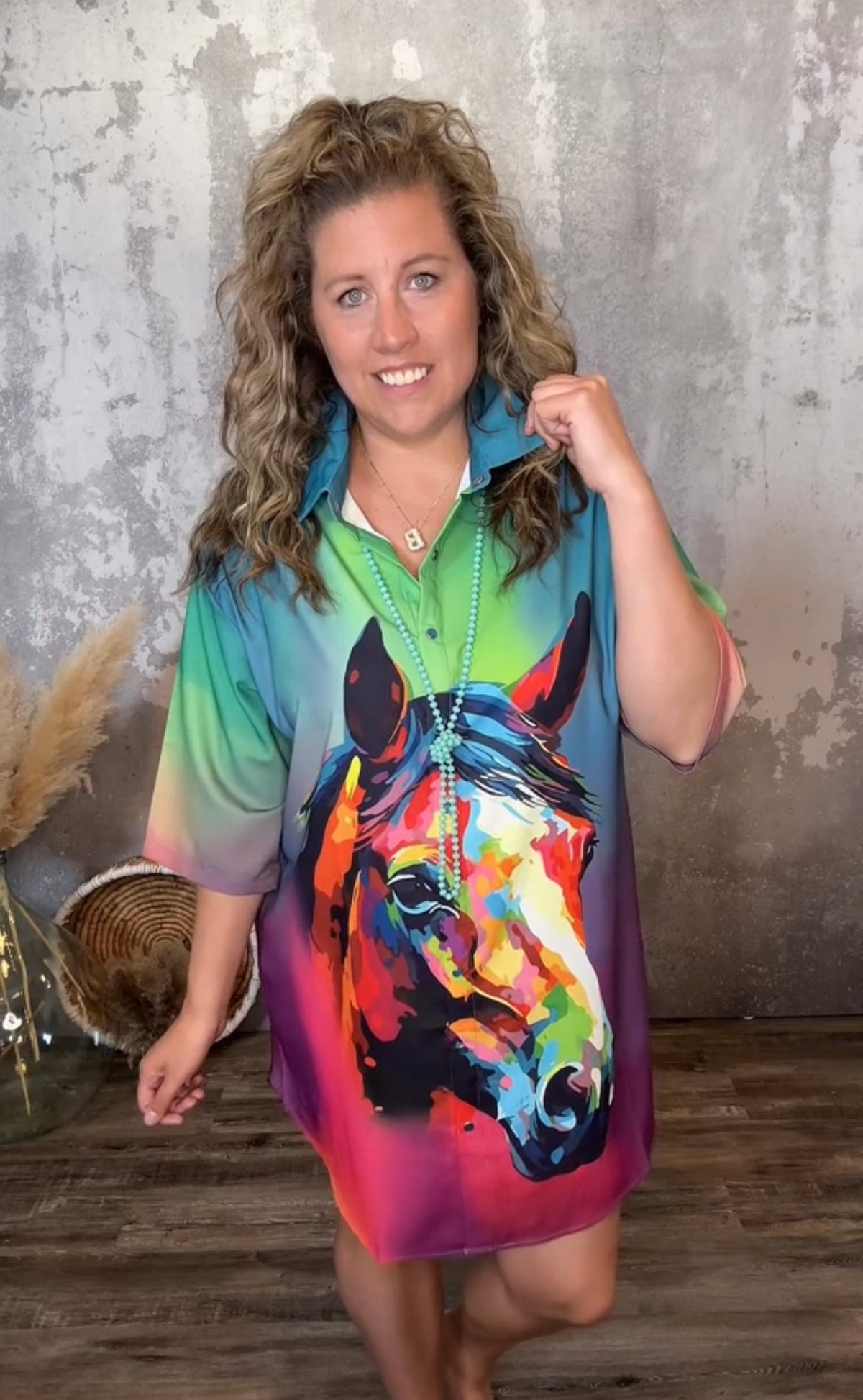 Multicolor Horse Dress with Pearl Snaps (Curvy Only)