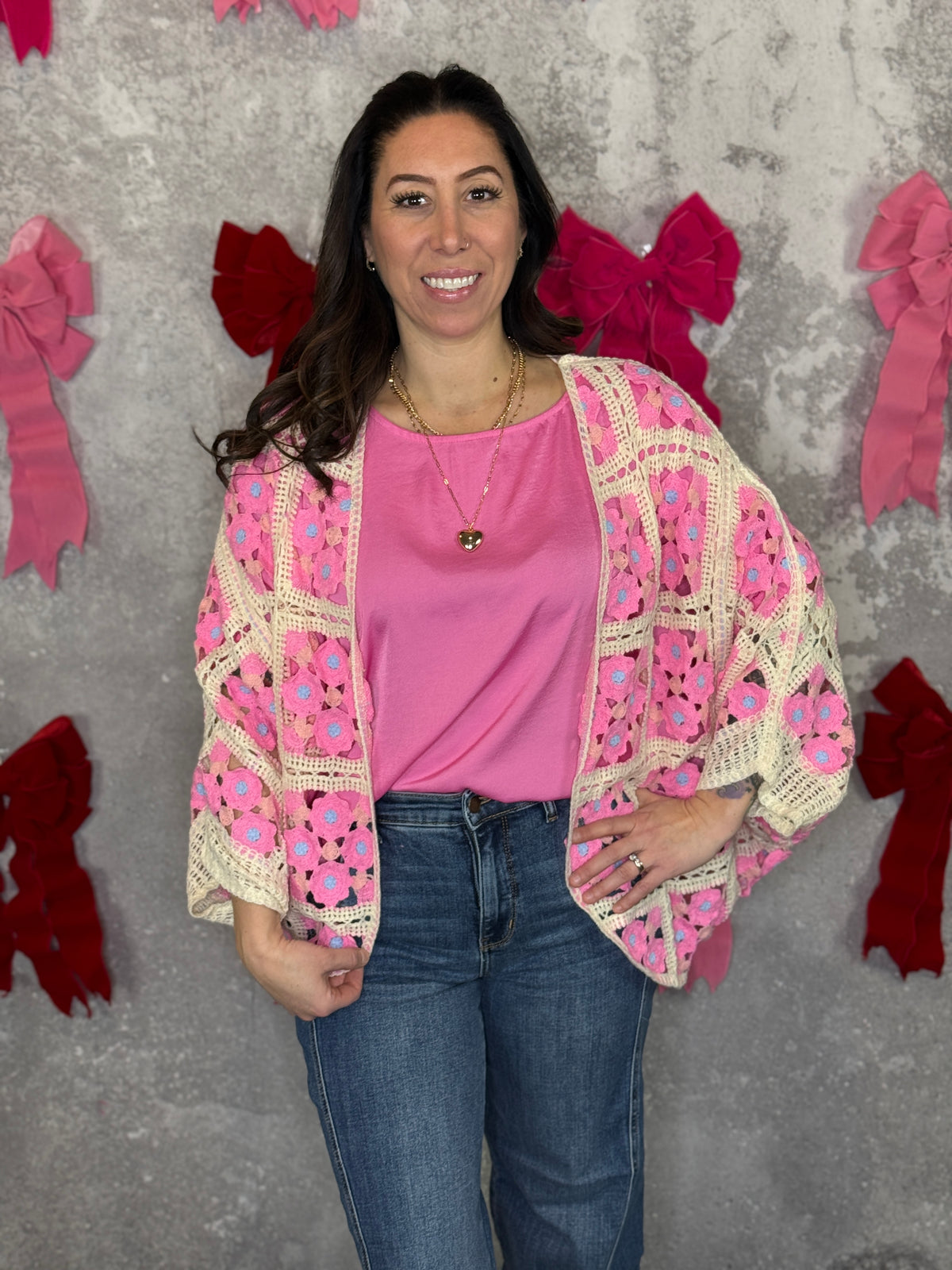 Crochet Cardigan - Pink/Ivory