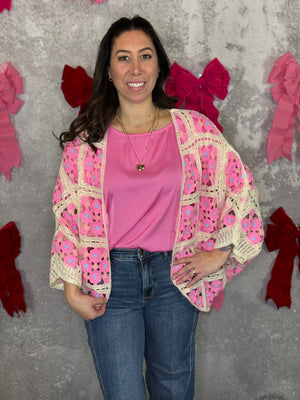 Crochet Cardigan - Pink/Ivory