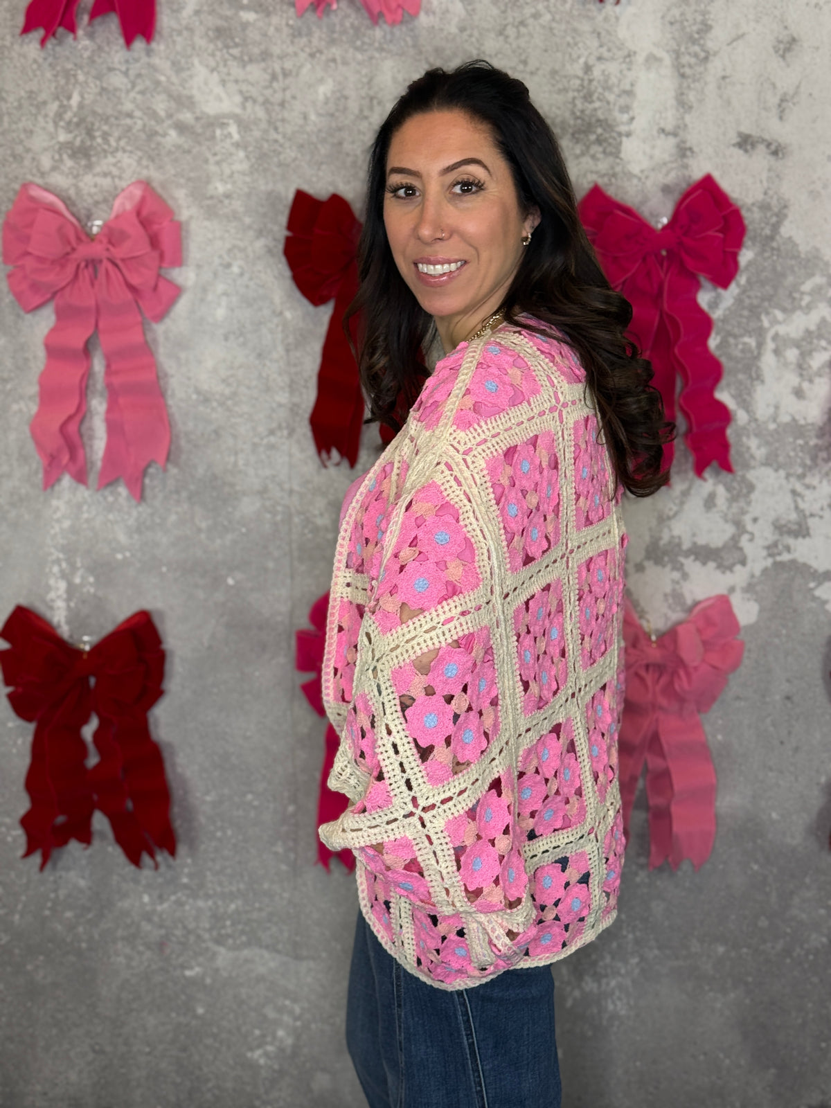 Crochet Cardigan - Pink/Ivory