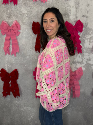 Crochet Cardigan - Pink/Ivory