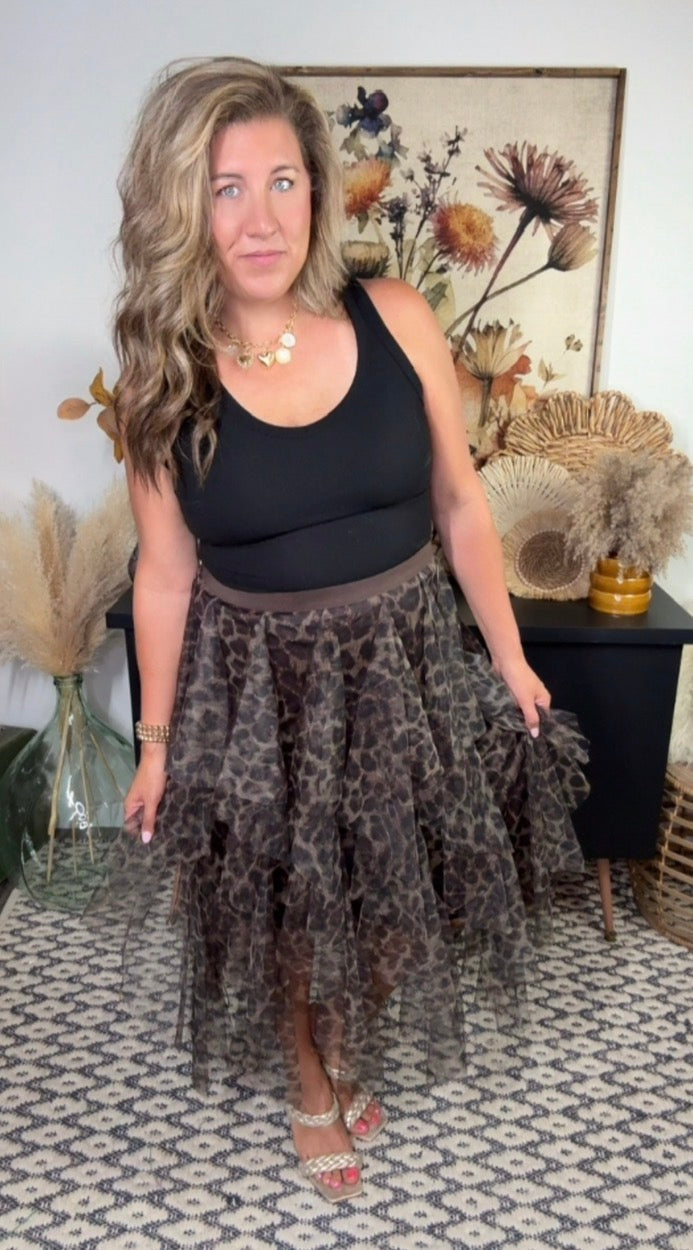 Tiered Leopard Mesh Skirt
