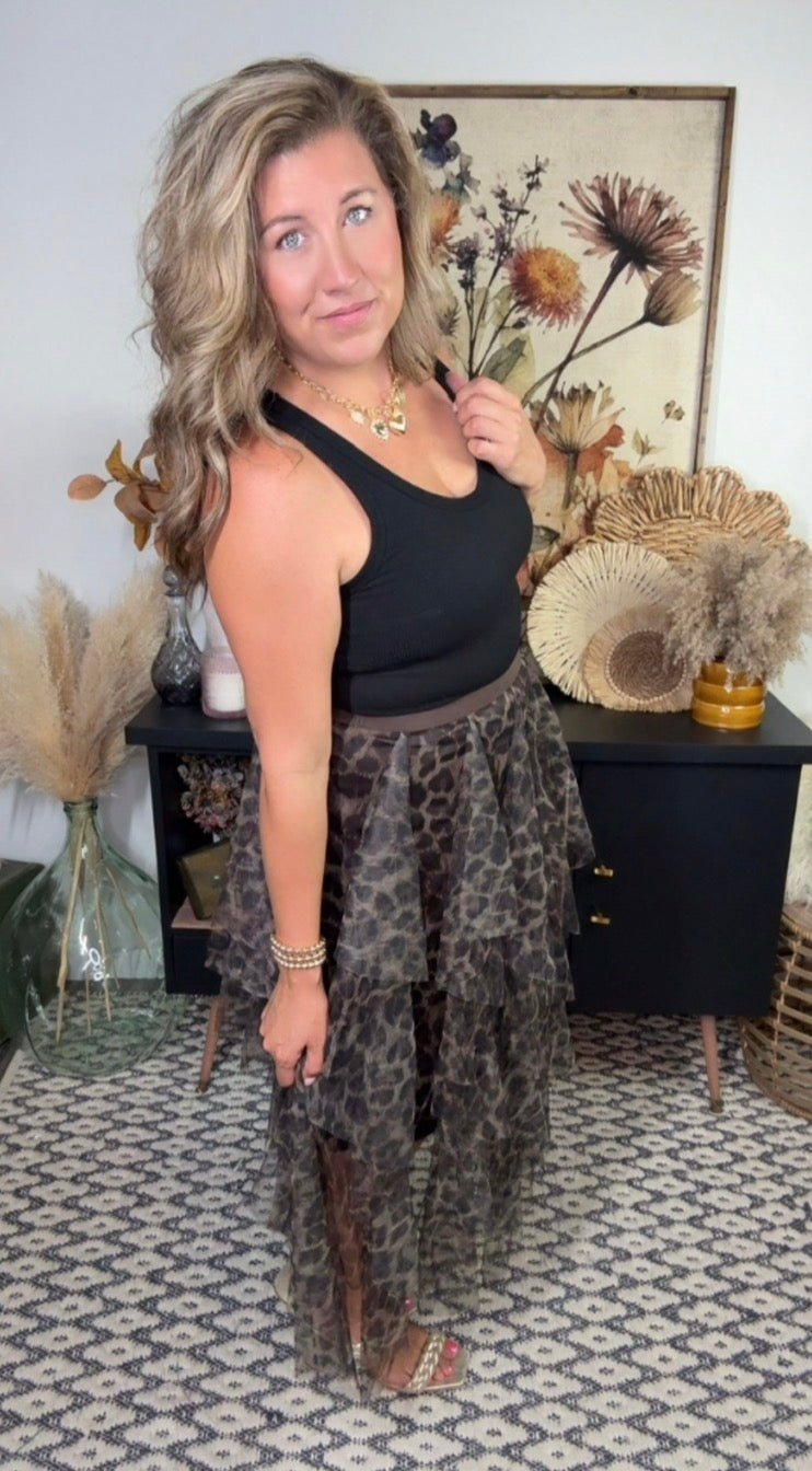 Tiered Leopard Mesh Skirt