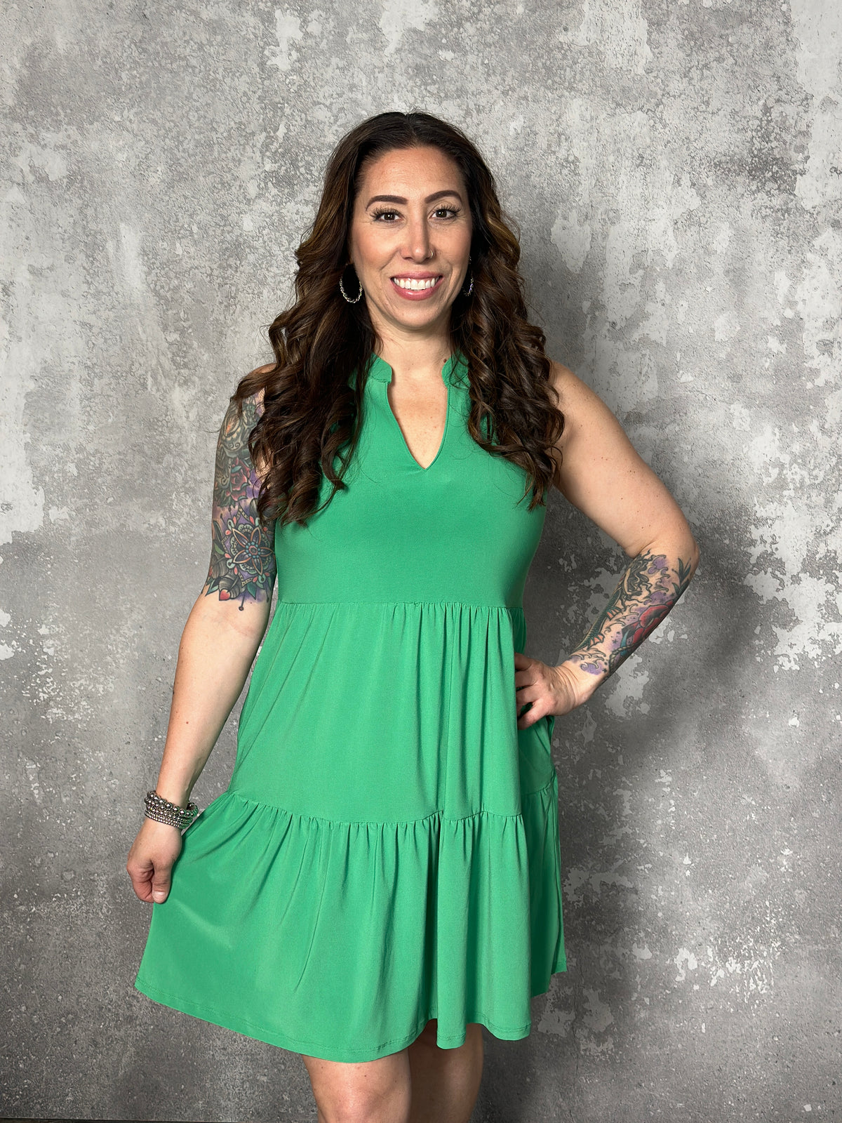 Lizzie Wrinkle Free Tiered Ruffle Dress - Green (Small - 3X)