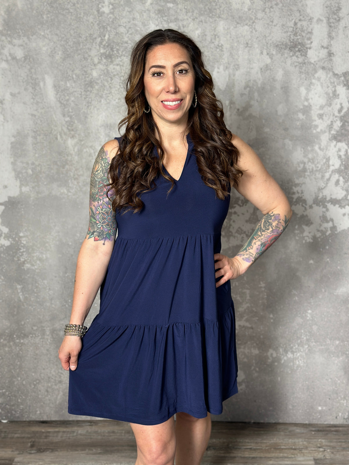 Lizzie Wrinkle Free Tiered Ruffle Dress - Navy (Small - 3X)