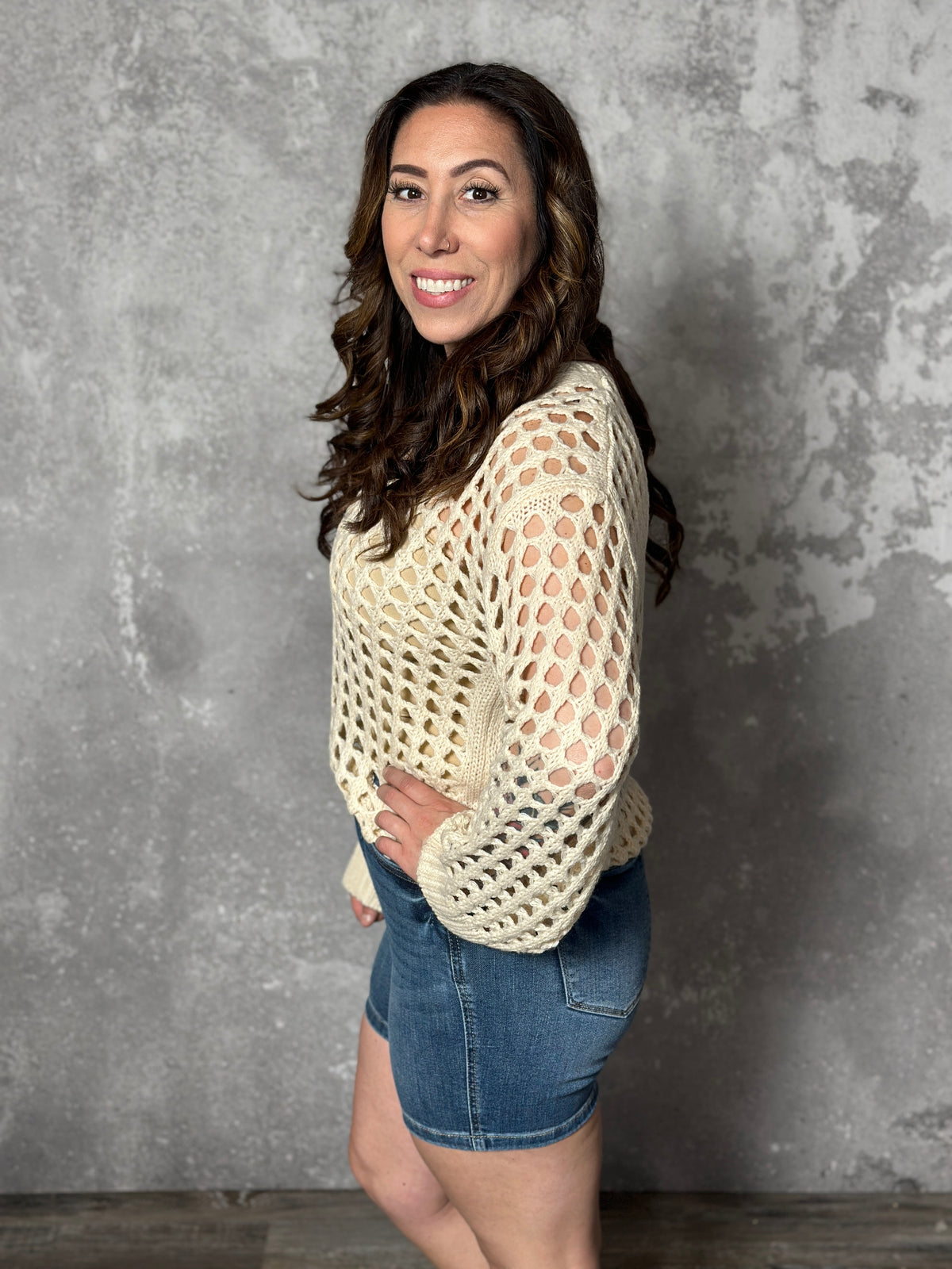 Cream Fishnet Vneck Sweater Top