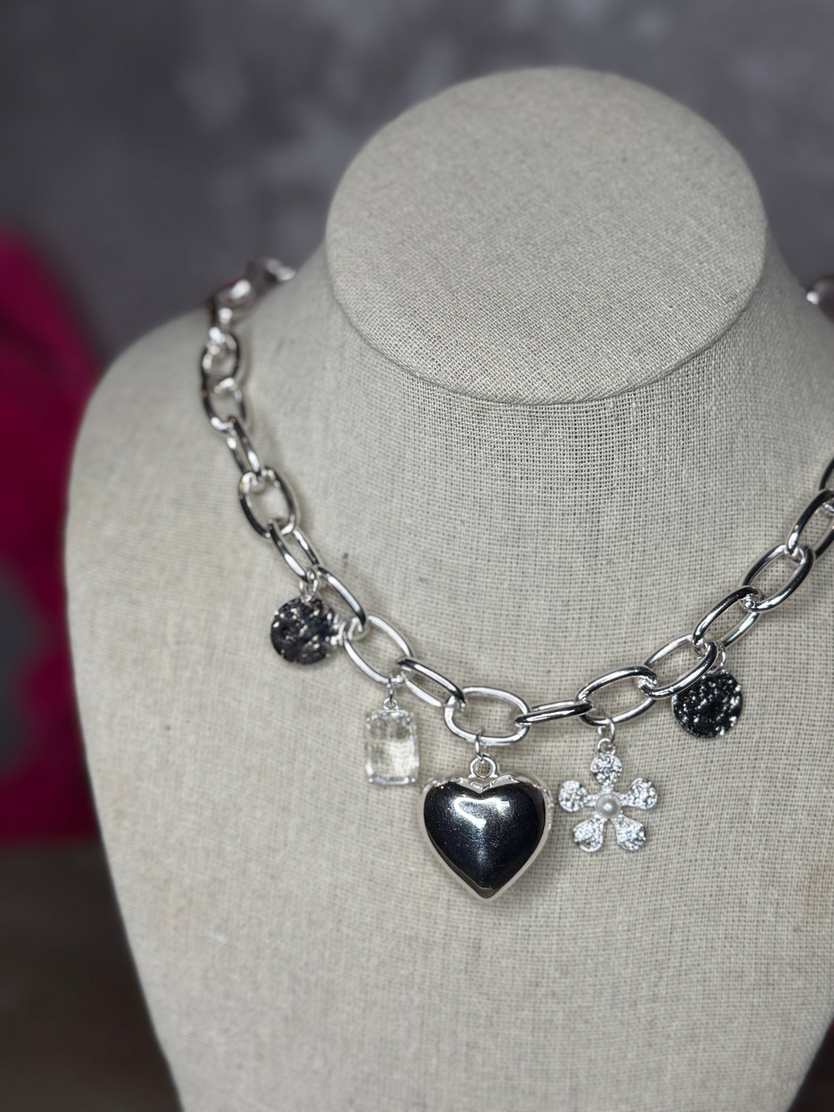 Chunky Heart Charm Necklace - Silver
