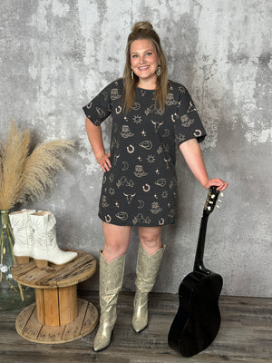 Western Graphic Style Tshirt Dress - Charcoal FINAL SALE