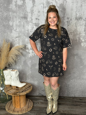 Western Graphic Style Tshirt Dress - Charcoal FINAL SALE