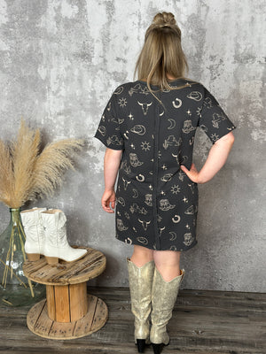 Western Graphic Style Tshirt Dress - Charcoal FINAL SALE
