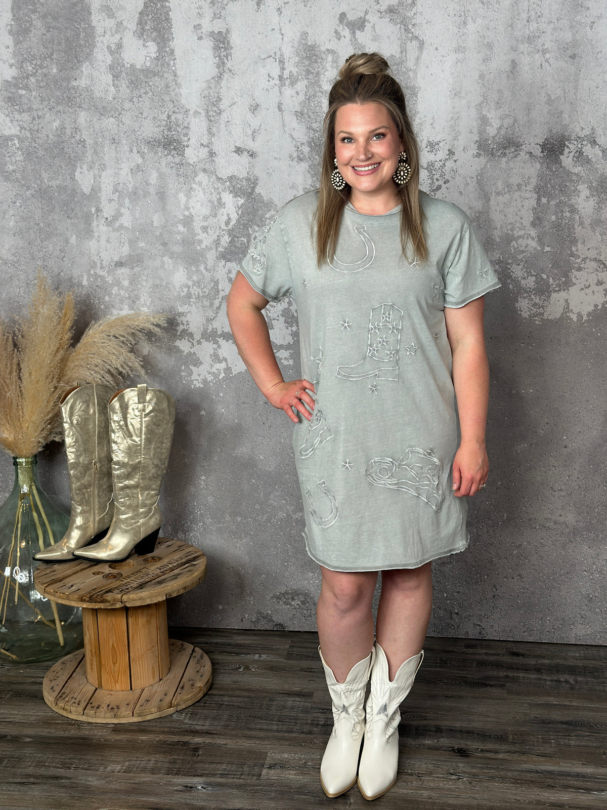 Grey Embroidered Print Western Dress - FINAL SALE