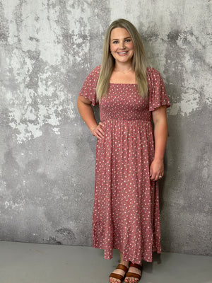 Marsala Smocked Floral Maxi Dress (Small - 3X)