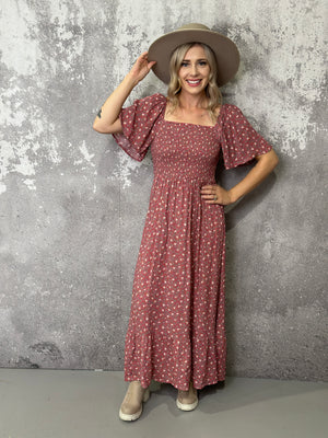 Marsala Smocked Floral Maxi Dress (Small - 3X)