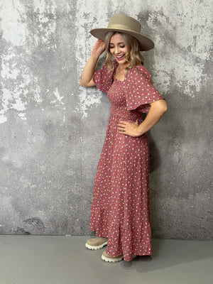 Marsala Smocked Floral Maxi Dress (Small - 3X)