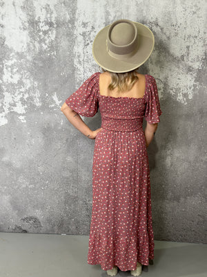 Marsala Smocked Floral Maxi Dress (Small - 3X)