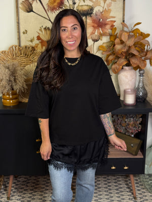 Oversized Tee with Angled Satin Lace  Bottom Detail - Black (Small - 3X)