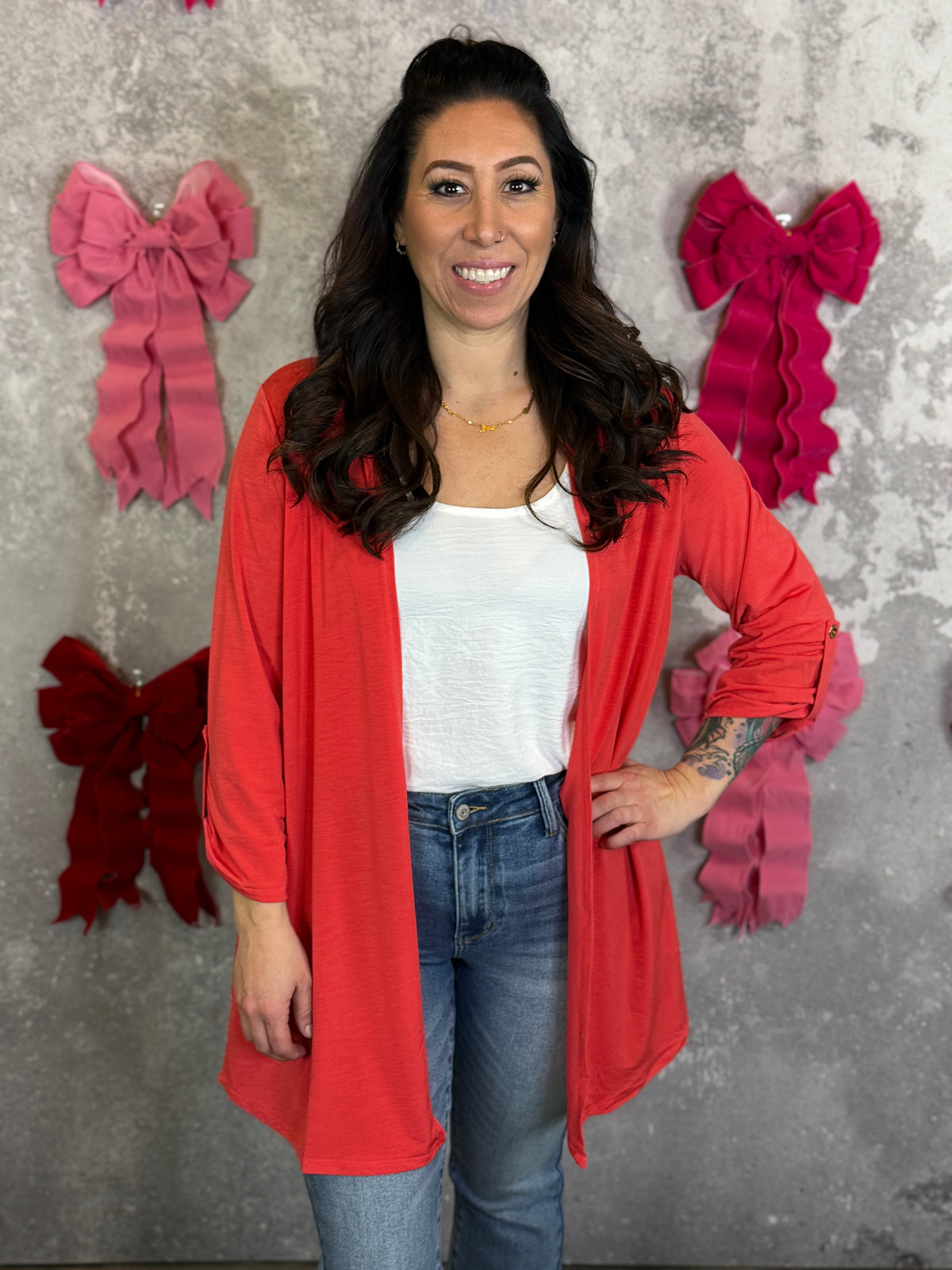 Wrinkle Free Cardigan - Hot Coral - (Small - 3X) BESTSELLER