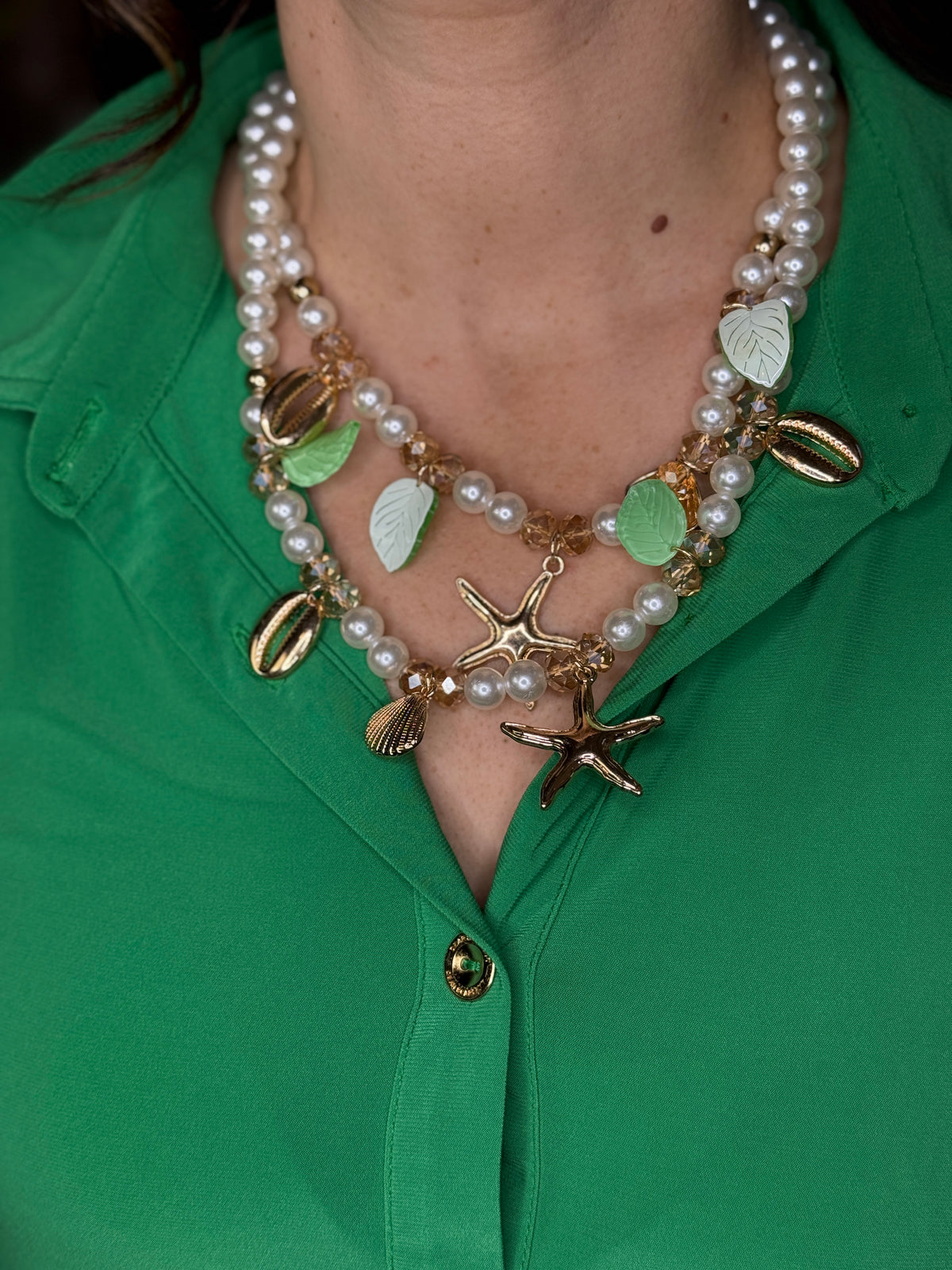 Statement Pearl Leaf and Shell Necklace