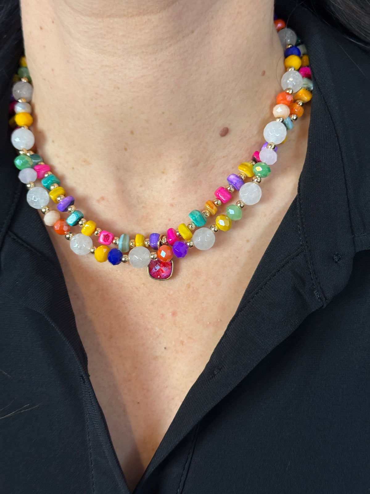 Double Strand Multicolor Necklace with Pink Austrian Gem