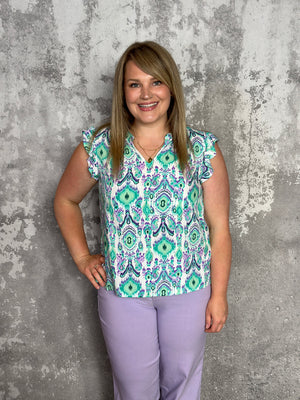 Ruffle Sleeve Purple/Mint Print Top (Small - 2X)