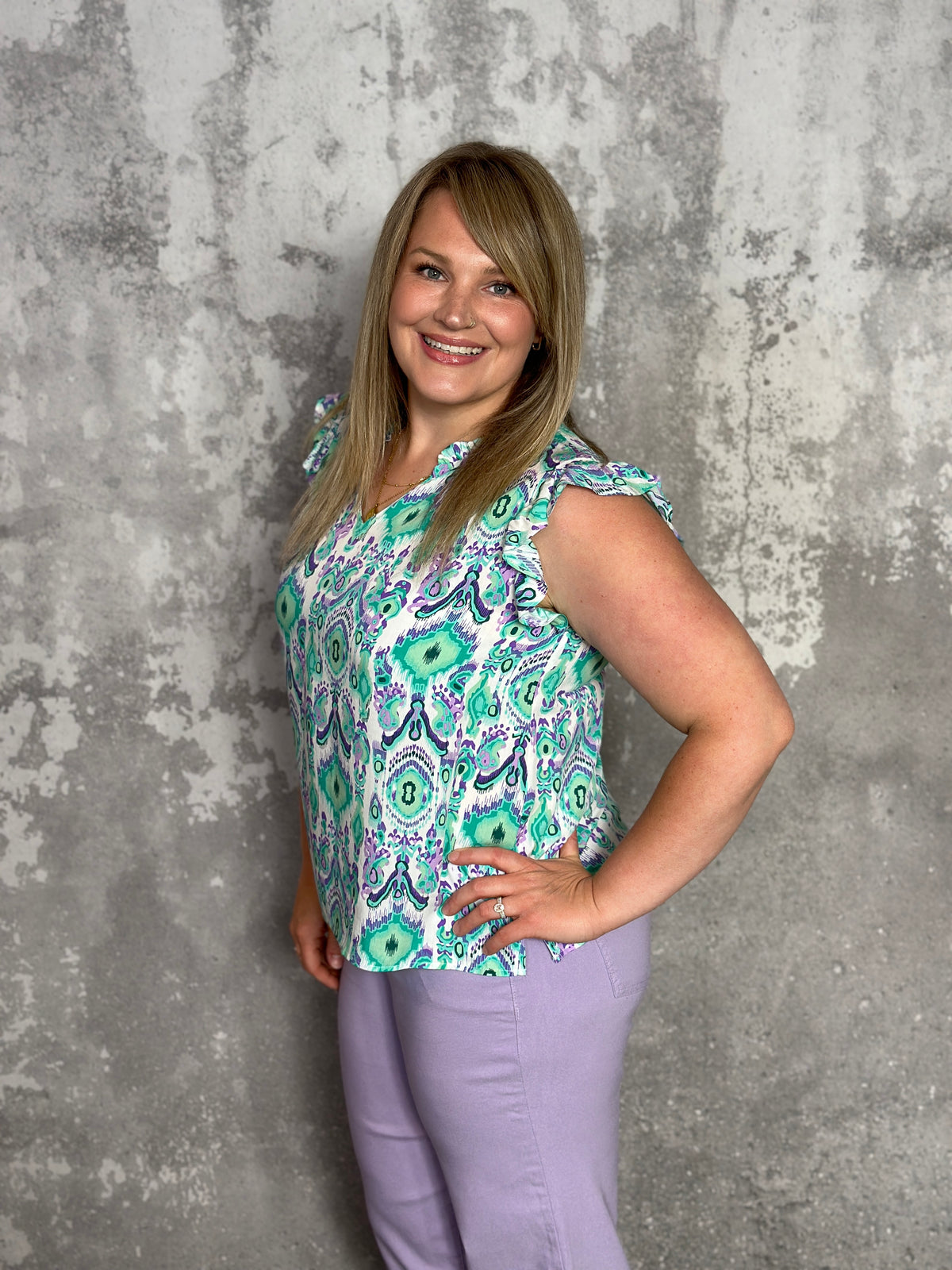 Ruffle Sleeve Purple/Mint Print Top (Small - 2X)
