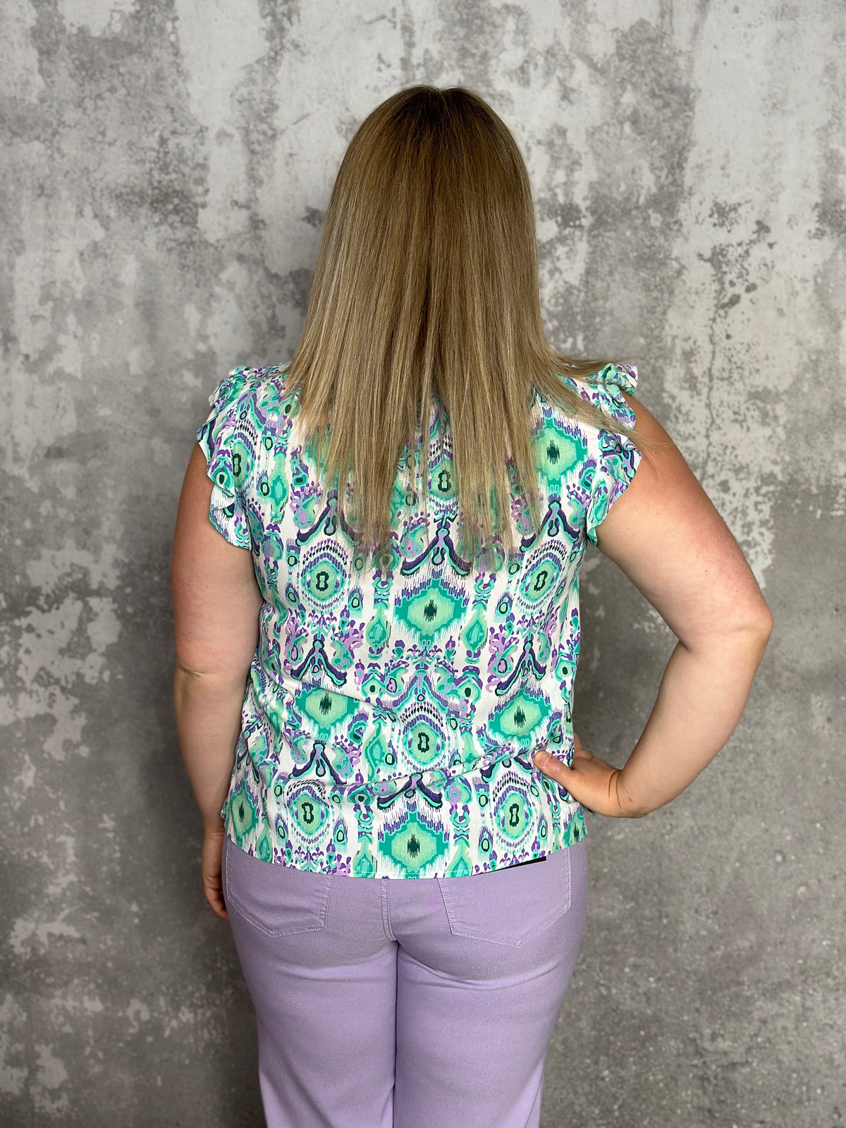 Ruffle Sleeve Purple/Mint Print Top (Small - 2X)
