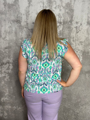Ruffle Sleeve Purple/Mint Print Top (Small - 2X)
