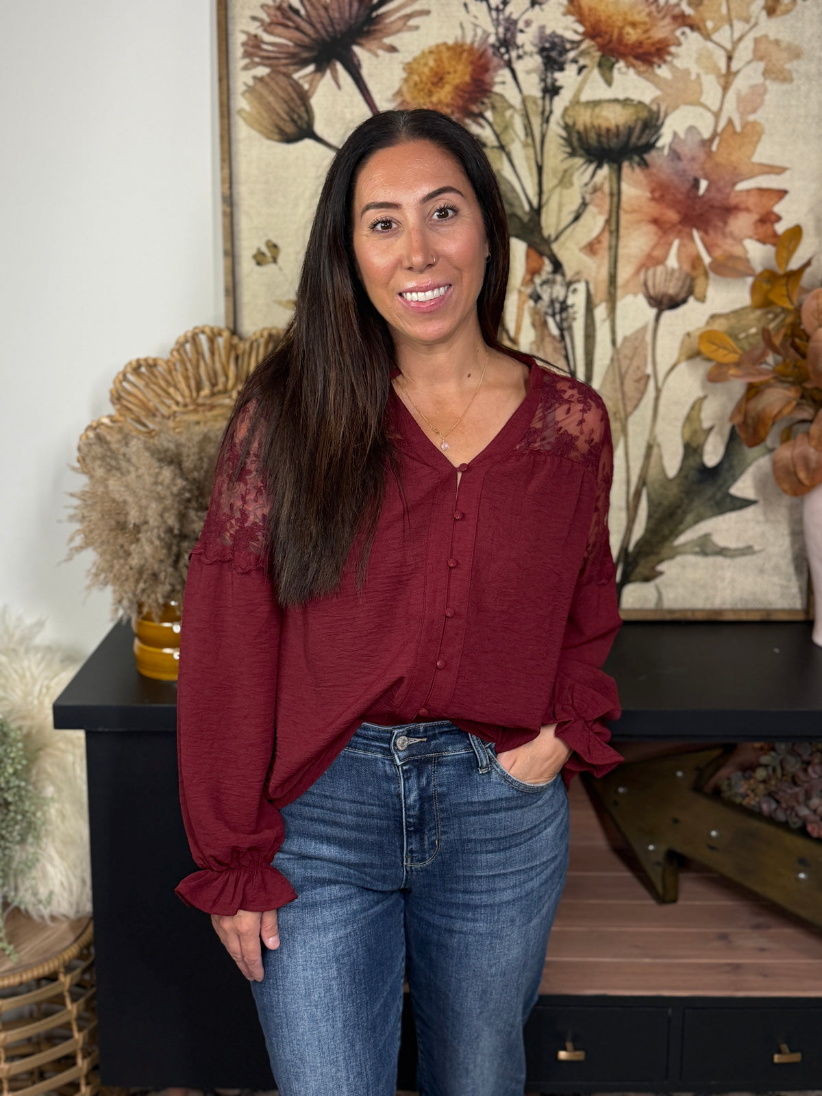 Lace Top Burgundy Blouse (Small - 2X)