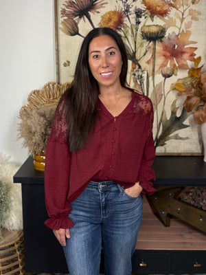 Lace Top Burgundy Blouse (Small - 2X)