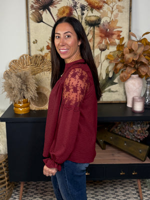 Lace Top Burgundy Blouse (Small - 2X)