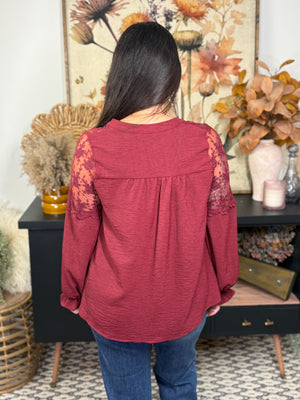 Lace Top Burgundy Blouse (Small - 2X)