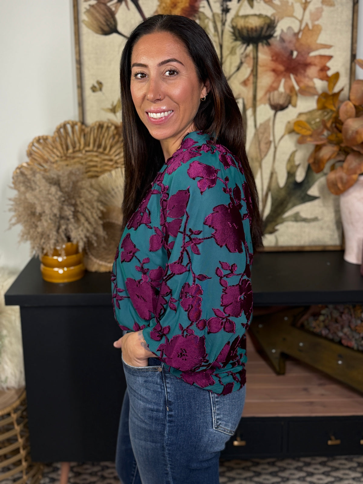 Teal Top with Vibrant Textured Florals