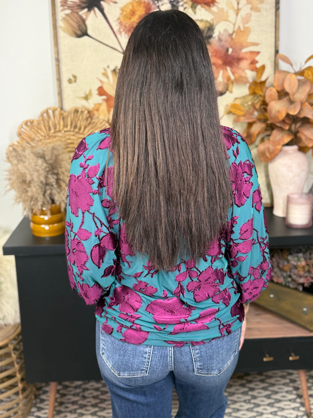 Teal Top with Vibrant Textured Florals