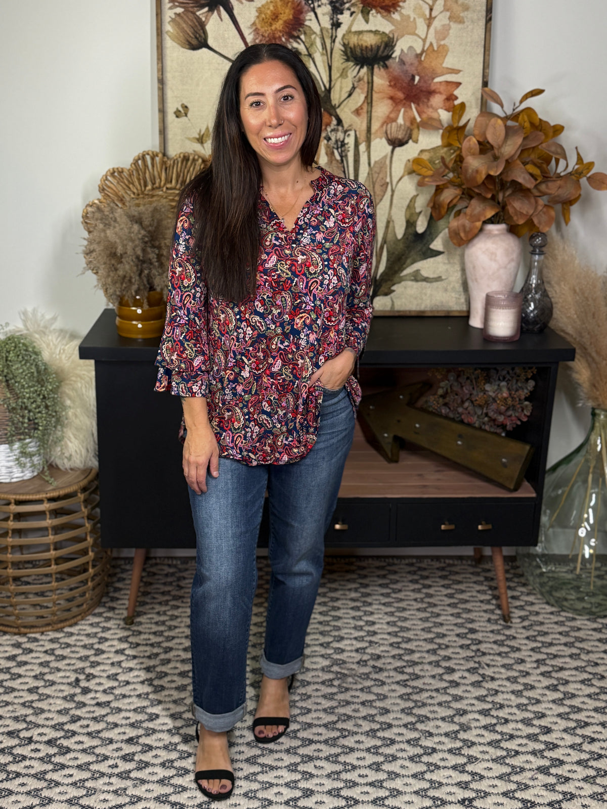 The Wrinkle Free Lizzie Ruffle 3/4 Sleeve Top - Teal Paisley