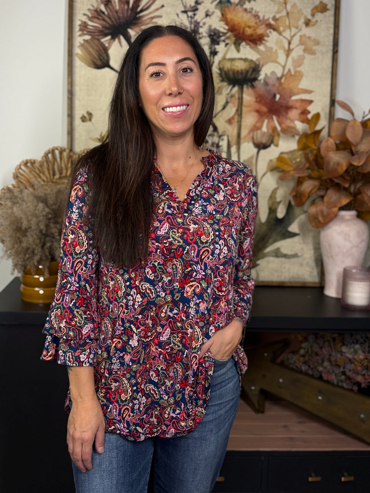 The Wrinkle Free Lizzie Ruffle 3/4 Sleeve Top - Teal Paisley
