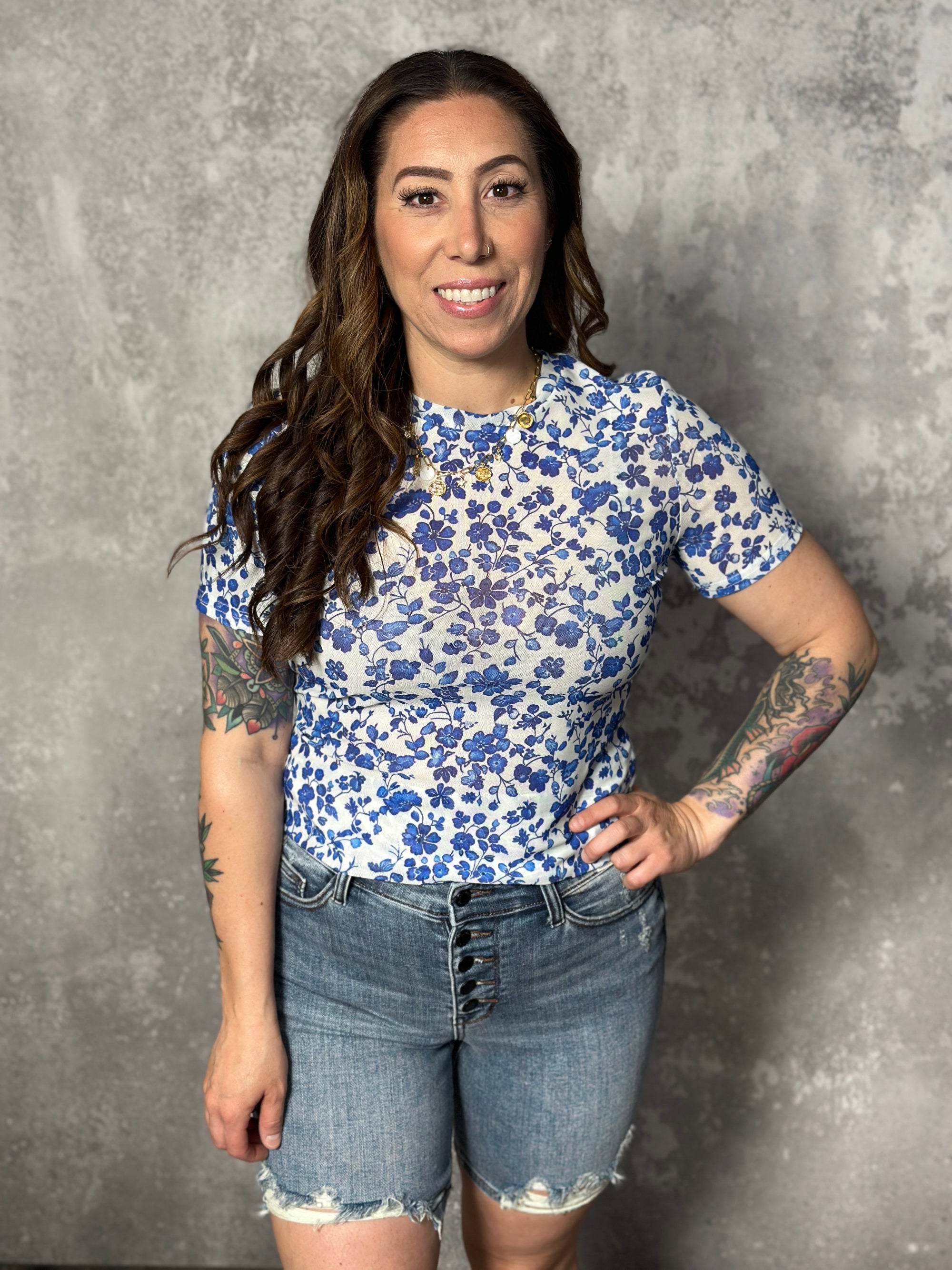 Blue Floral Mesh Top